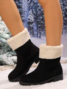 Giày bốt mũi tròn đế dày cho nữ, bốt cổ ngắn phong cách Anh thời trang có cổ lông, giày đen ấm áp và thoải mái cho mùa thu đông - màu đen - Xem 1
