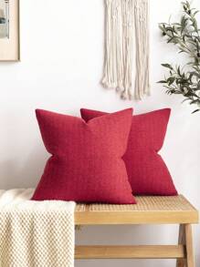 1pc Decorative Faux Linen Red Pillowcase Modern Farmhouse Throw Pillow Cover, Rustic Woven Texture For Living Room, Bedroom, Car, Bed, Chair, Sofa Cushion Cover