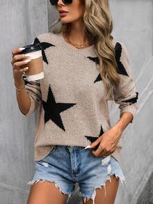 Blusa minimalista de manga larga y cuello redondo con detalle de estampado de pentagrama para mujer