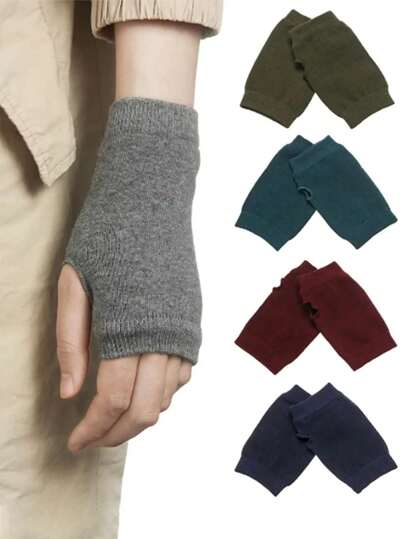 1pair Winter Autumn Women Men Warm Fingerless Knitted Cotton Gloves Solid Color Stretch Mittens Exposed Finger Short Gloves