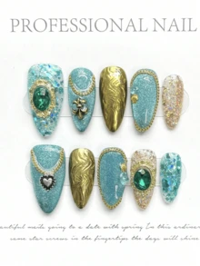 10 件奢华手工按压指甲中杏仁假指甲异国宝石绿钻石设计假指甲带 3 件套工具粘合剂指甲胶标签适合女士参加派对。 - 墨綠色 - 查看 8