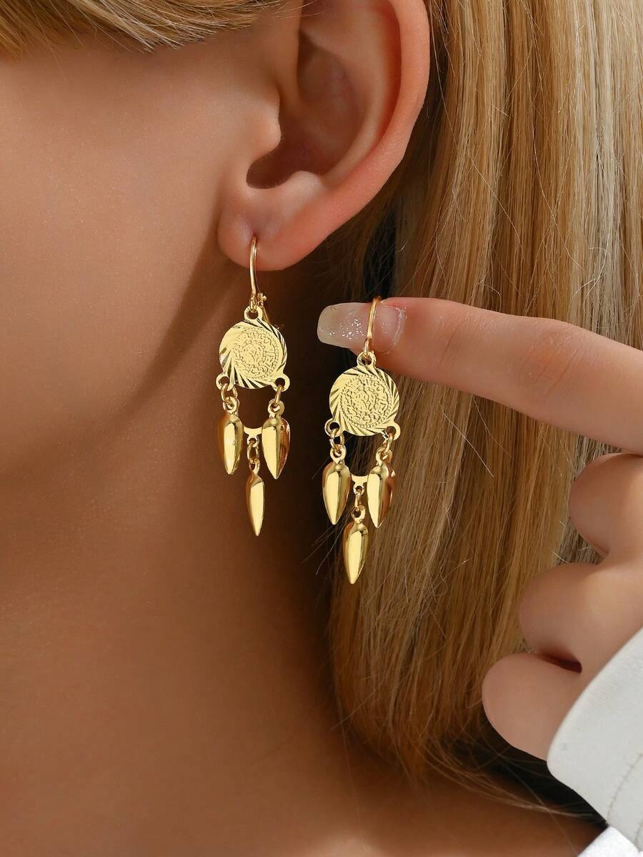 1 Cặp Hoa tai thả tua rua hình đồng xu mạ vàng 18K thời trang Châu Âu và Mỹ cá nhân hóa dành cho nữ - A - Xem 1