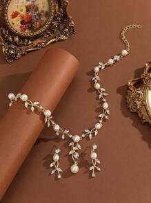 3pcs Crystalized Leaf Necklace And Earrings Luxury Jewelry Set For Women, Formal Occasion