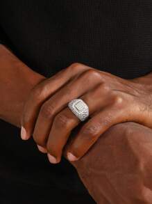 1pc Luxury Men's Cubic Zirconia Paved Ring With Stainless Link Chain Design, Street Style - Yellow Gold - View 34