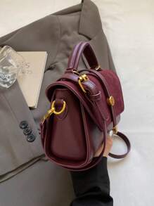 2026 New Suede Matte Finish With PU Small Square Bag, Burgundy Vintage Shaped Mini Shoulder Bag, Elegant Versatile Commuter Crossbody Phone Bag, Suitable For Daily Use, Dating, Gift, Gold Buckle Design Handbag - Burgundy - View 7
