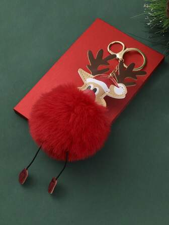 1pc Christmas Cute Santa Claus Pom Pom Keychain Bag Charm, Reindeer Gift