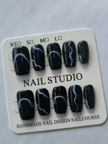 Bộ 10 miếng dán móng tay hình vuông thủ công màu đen, tối giản, có thể tái sử dụng, dùng được nhiều lần - màu đen - Xem 1