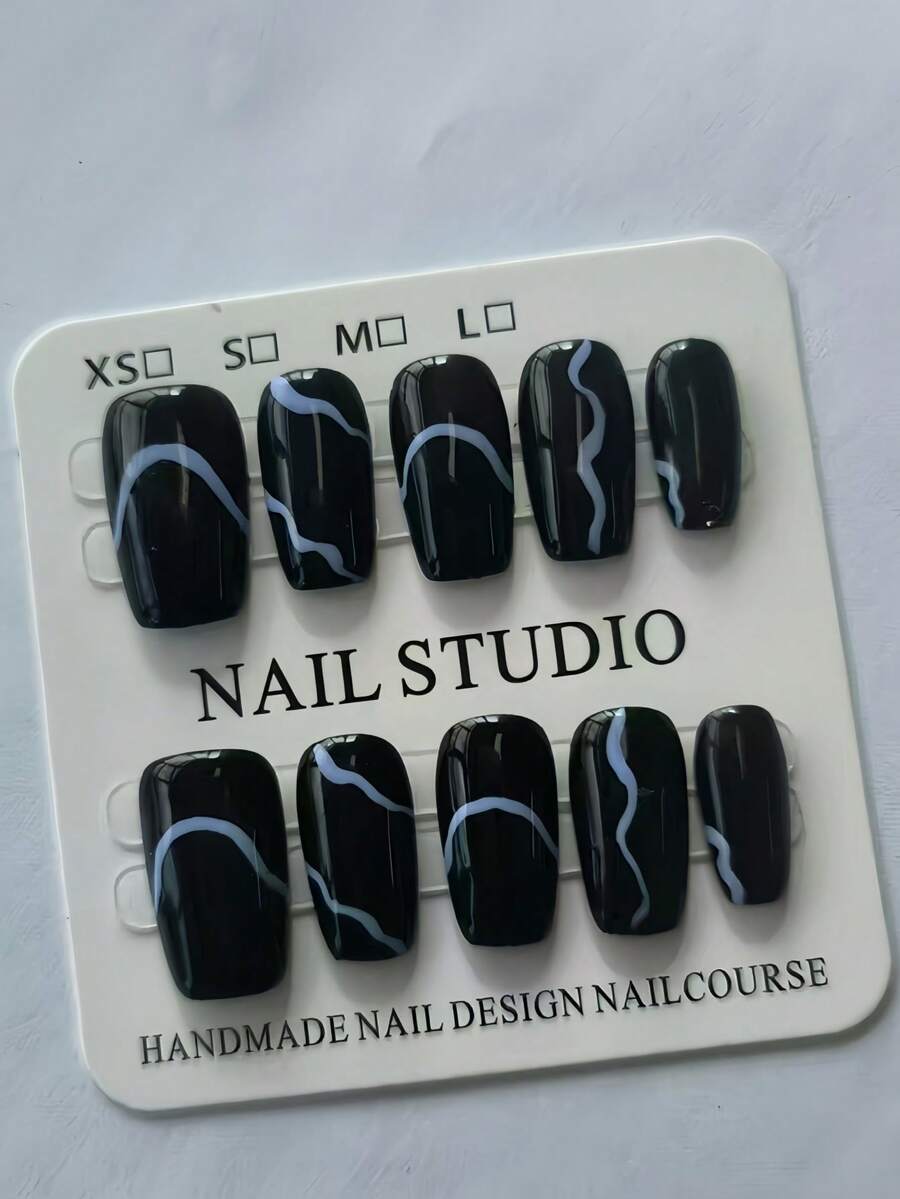 Bộ 10 miếng dán móng tay hình vuông thủ công màu đen, tối giản, có thể tái sử dụng, dùng được nhiều lần - màu đen - Xem 1