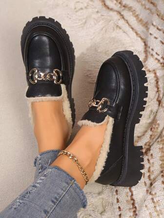 New Arrival Women Round Toe Thick Sole Slip-On Loafers, Warm Lining, Fashion Casual Comfortable Soft Bottom Retro College Style Ladies Flats