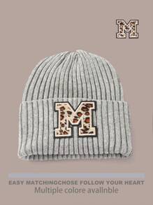 1pc Letter & Leopard Striped Casual Bohemian Acrylic Solid Embroidered Ski Beanie Hat, Knitted, Autumn/Winter, Versatile