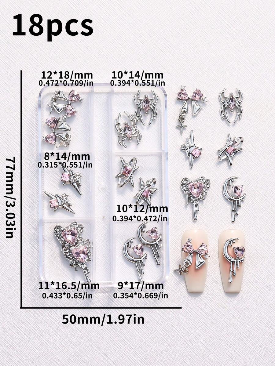 18pcs Silver Metal Nail Art Decoration Set, 3D Nail Jewelry, Colorful