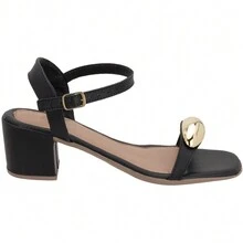 Women's Medium Block Heel Sandal With Gold Effect - 黑色 - 查看 2