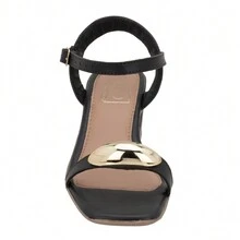 Women's Medium Block Heel Sandal With Gold Effect - 黑色 - 查看 3