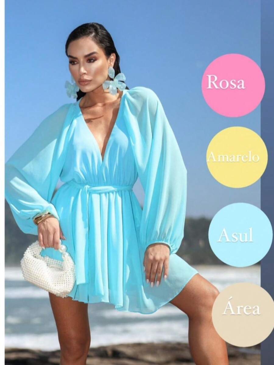 Women's V-Neck Long Sleeve Floral Chiffon Dress With Waist - Khu vực - Xem 1