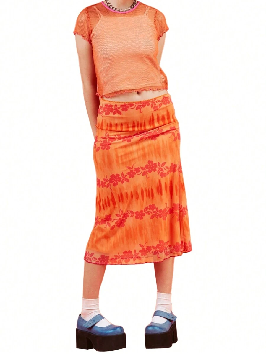 Women Skirt with Floral Print Bright Colors Bohemian Style Casual Summer Beach Clothing - Naranja - Ver 1
