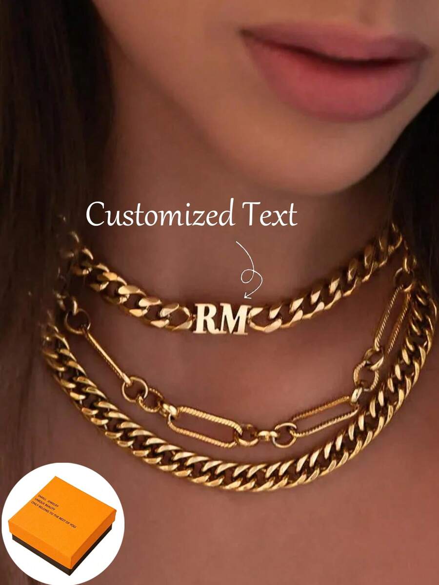 1 件 8 毫米链式字母铭牌项链不锈钢 DIY 个性化名字项链嘻哈潮流可定制名字简约日常风格，产品包括礼盒、情人节礼物、生日礼物、母亲节礼物、日常礼物 - 彩色 - 查看 1