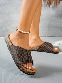 Damen Slide Sandalen in großen Größen, quadratische Schnalle mit Polka-Punkt-Muster, flach, feuchtigkeitsableitend