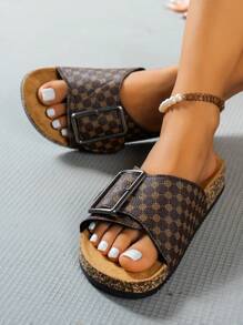 Damen Slide Sandalen in großen Größen, quadratische Schnalle mit Polka-Punkt-Muster, flach, feuchtigkeitsableitend