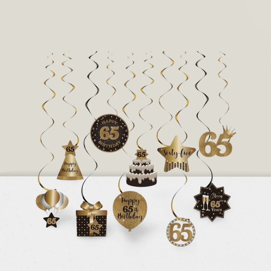 Happy 65th Birthday Party Hanging Swirls Streams Ceiling Decorations, Celebration 65 Foil Hanging Swirls With Cutouts For 65 Years Old Black And Gold Birthday Party Decorations Supplies - Gold - View 1