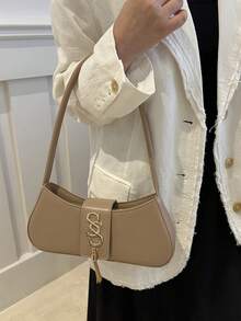 女士时尚休闲便携式纯色单肩包，适合约会、购物、郊游、四季皆宜 - 卡其色 - 查看 3