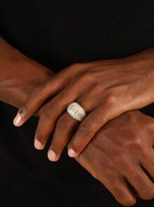 1pc Luxury Men's Cubic Zirconia Paved Ring With Stainless Link Chain Design, Street Style - Yellow Gold - View 15