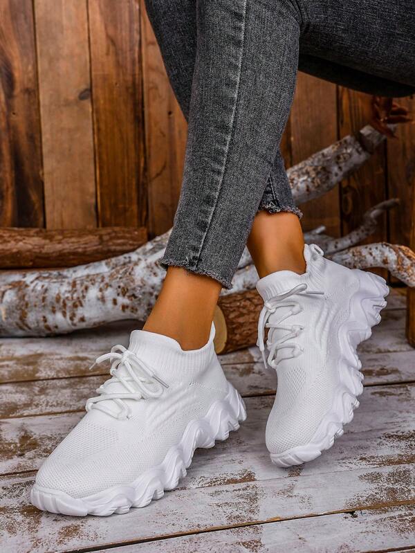 Women Casual Sneakers, Breathable Knitted Athletic Shoes, Thick Soles Elevated, Comfortable Low-Top Lace-Up, Anti-Slip Design, Available In Black, White, Pink, Orange
