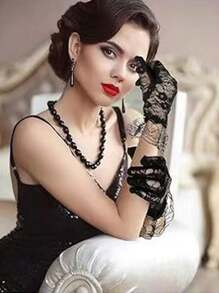 2 件套优雅黑色蕾丝面纱和手套套装，正式头饰和舞会配饰 - 黑色 - 查看 5