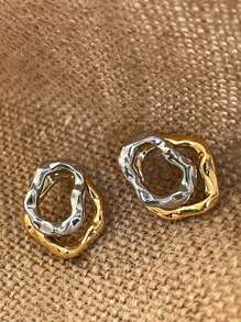 2pcs Fashionable Asymmetrical Double-Layered Hoop Earrings With Simple Gold & Silver Geometric Lines