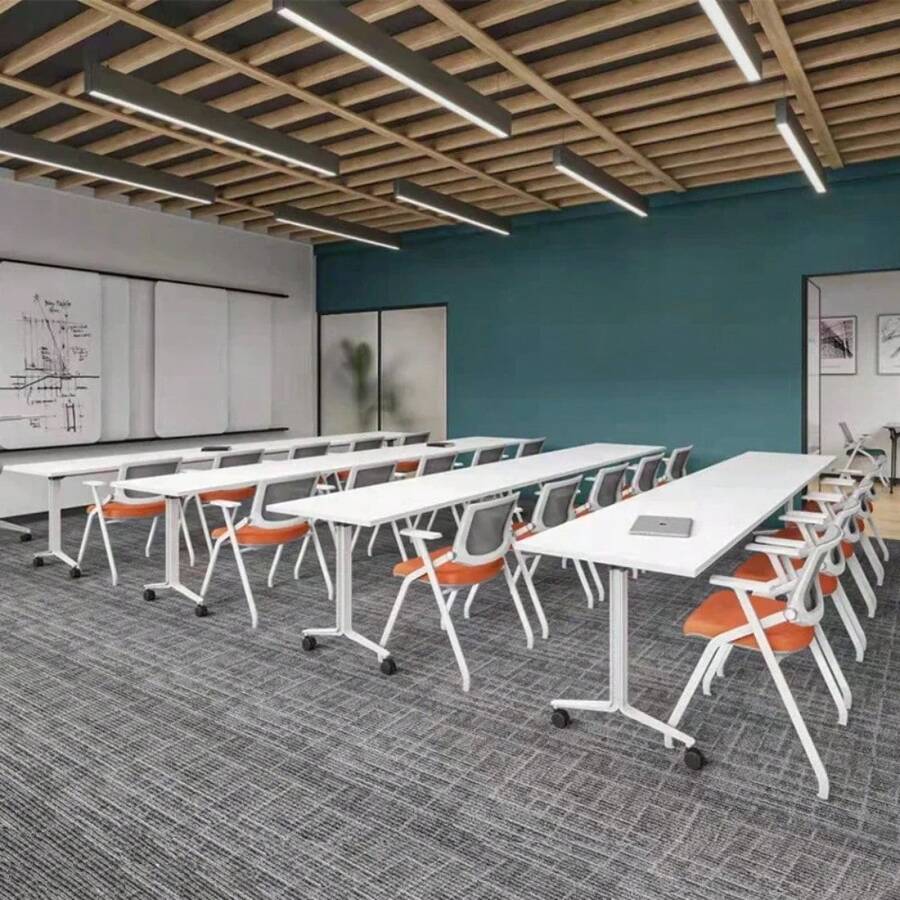 Folding Training Chair, With Table Top, White Plastic Backrest, Mesh