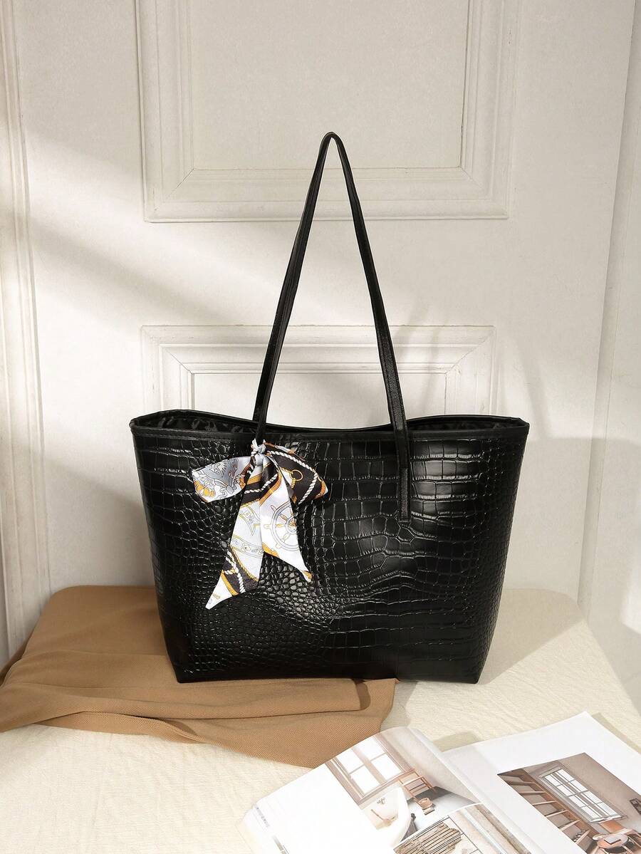 1 Túi Tote PU Đen Có Khăn Quàng Cổ, Túi Xách Thời Trang Sức Chứa Lớn Phù Hợp Cho Phụ Nữ Đi Làm Và Sử Dụng Ngoài Trời - màu đen - Xem 1