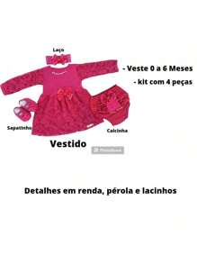 Vestido Longo Vermelho Natal Infantil 0 a 6 Meses Conjunto Feminino 4 Peças Roupa Bebe Rendinha Recem Nascido Verão Branco - Pink - Visão 4