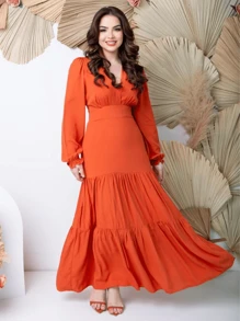 Elegant Long Loose Modest Party Dress - 亮橙色 - 查看 2