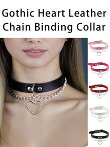 1 Pc Punk Style Pu Leather Choker Necklace With Metal Heart Studs And Chain For Women Hip Hop Street Cos Accessories - Multicolor - View 9