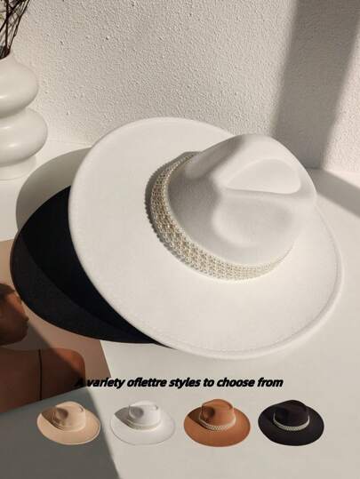 Chapéu de lã com laço da moda feminina, 1 peça, chapéu de aba larga com cinto de corrente de contas de malha chique de alta qualidade, estilo versátil unissex adequado para performance, caminhadas