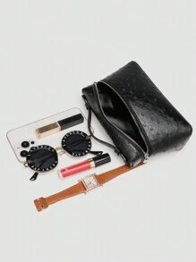 1pc Solid Color Ostrich Pattern PU Square Crossbody Bag For Women, Suitable For Daily Fashion Matching And Outings - Black - View 7