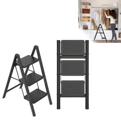 Escada dobrável Escada dobrável com pedal largo Escada dobrável leve Escada antiderrapante Segurança dobrável de até 270 kg Escada dobrável com suporte de carga para cozinha doméstica, preta