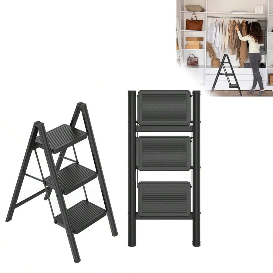 Stepladder Folding Step Stool With Wide Pedal Lightweight Folding Step Non-Slip Stepladder Ladder Folding Lock Up To 270 Kg Load Capacity Folding Ladder For Household Kitchen, Black