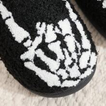 Popular Autumn/Winter Slippers, Halloween Skull Embroidery Printed Slip-On House Slippers, Unisex Couple Slippers, Plus Size Slippers