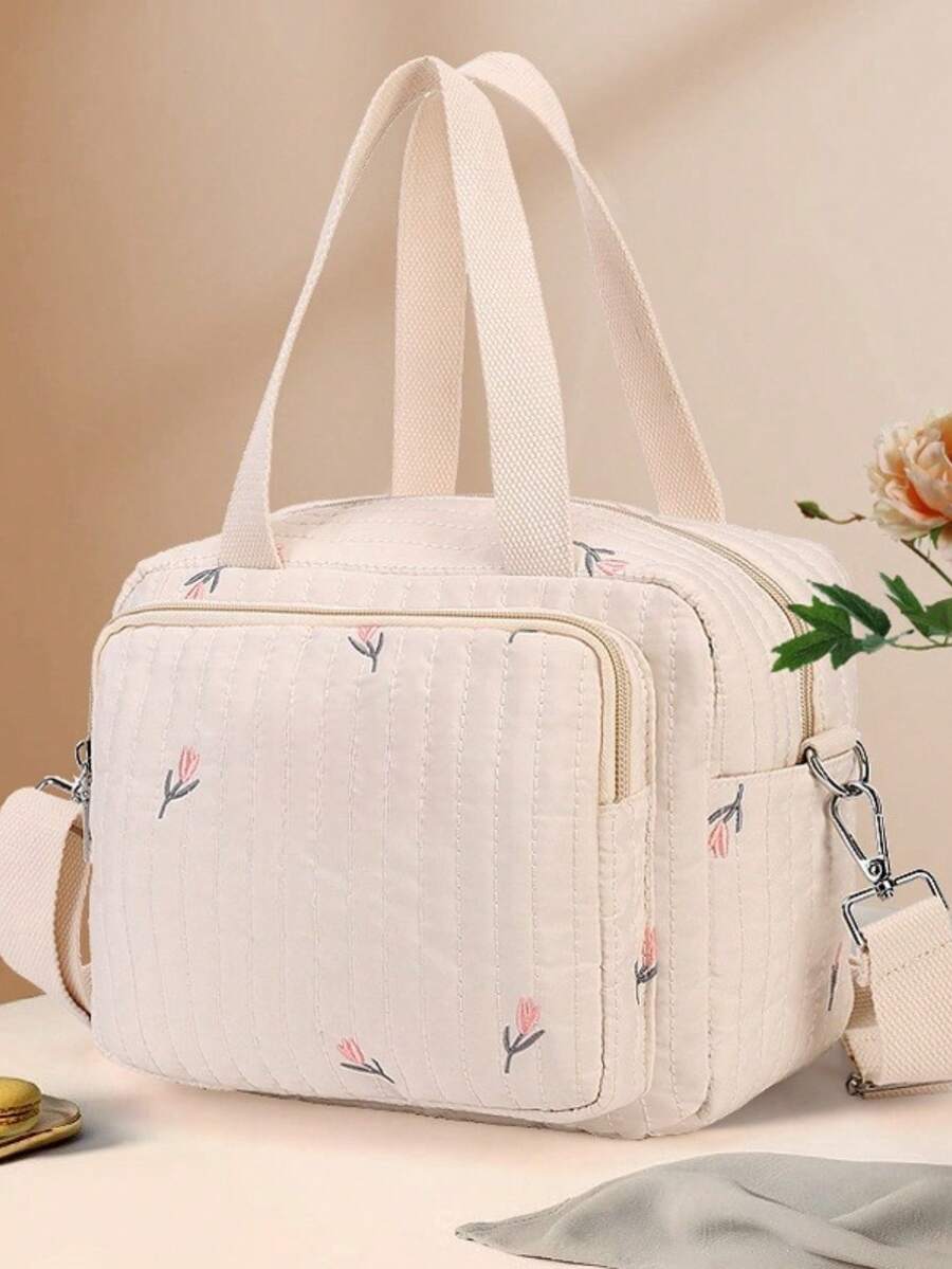 2024新款INS韩版托特包妈咪包大容量刺绣小熊母婴背包绣花线单肩斜跨包女收纳储物袋整理 - 米色 - 查看 1