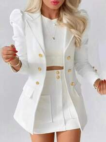 Ladies Commuting Lapel Neck Double-Breasted Blazer And Skirt Suit Set - White - View 1