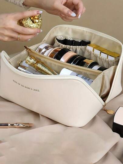 Bolsa de cosméticos de piel sintética impermeable, bolsa portátil de artículos de tocador y cosméticos, bolsa de almacenamiento de cosméticos de gran capacidad y de doble capa, bolsa impermeable para el cuidado de la piel, bolsa de artículos de tocador de gran capacidad con divisiones, bolsa de viaje para cosméticos