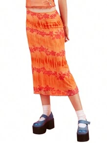 Women Skirt with Floral Print Bright Colors Bohemian Style Casual Summer Beach Clothing - Naranja - Ver 3