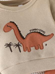 2 Stücke/Set Baby Jungen Mode Lässig Set aus Dinosaurier besticktem Waffel Rundhals Langarm Top und einfarbiger Hose, Frühjahr Herbst - Braun - Übersicht 3