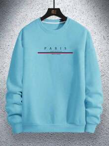 Men's Paris Sweatshirt New Arrival Printed Streetwear Round Neck Cotton Cold Weather Blouse Flannel Coat - 淺藍色 - 查看 2