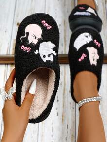 万圣节男女通用卡通月亮钟和笑脸室内拖鞋，冬季平底一脚蹬家居鞋 - 黑色 - 查看 1