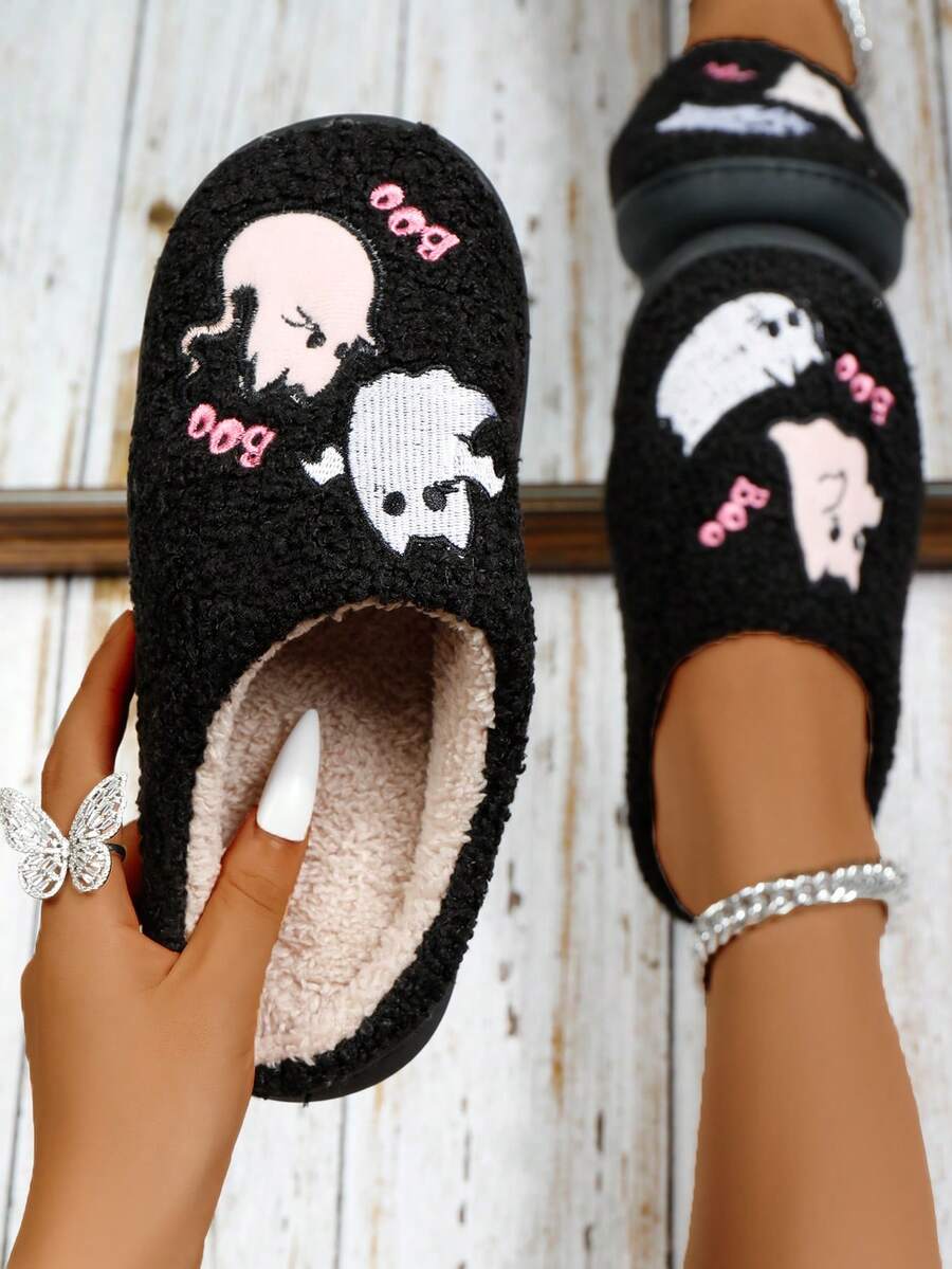 万圣节男女通用卡通月亮钟和笑脸室内拖鞋，冬季平底一脚蹬家居鞋 - 黑色 - 查看 1