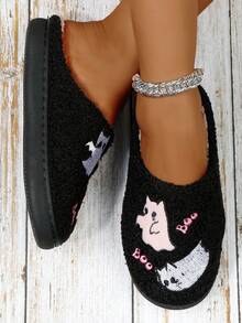 万圣节男女通用卡通月亮钟和笑脸室内拖鞋，冬季平底一脚蹬家居鞋 - 黑色 - 查看 4