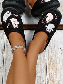 万圣节男女通用卡通月亮钟和笑脸室内拖鞋，冬季平底一脚蹬家居鞋 - 黑色 - 查看 3