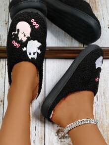 万圣节男女通用卡通月亮钟和笑脸室内拖鞋，冬季平底一脚蹬家居鞋 - 黑色 - 查看 2