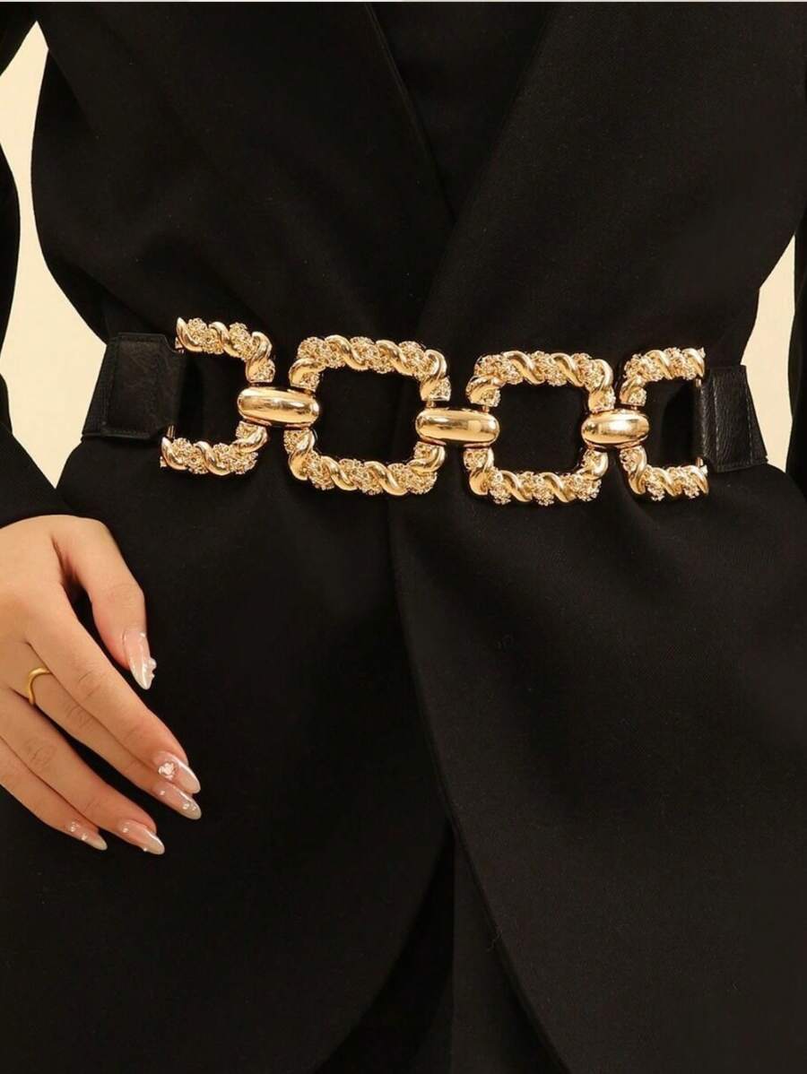2024 Fashion New Women's Metal Thick Chain Belt Wide Elastic Belt With Coat Sweater Skirt Decorative - 金色 - 查看 1